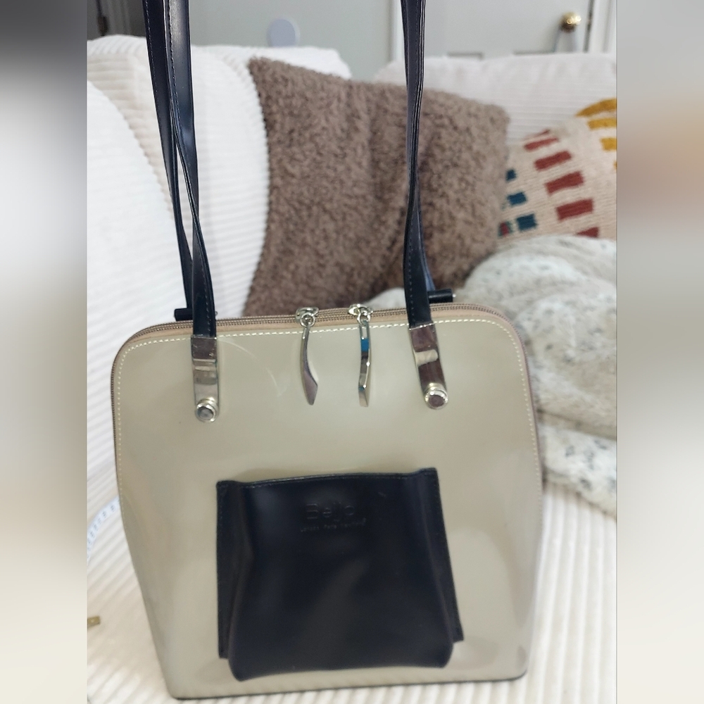 Biejo Patent Two-Tone Tote Bag in Silver and Black